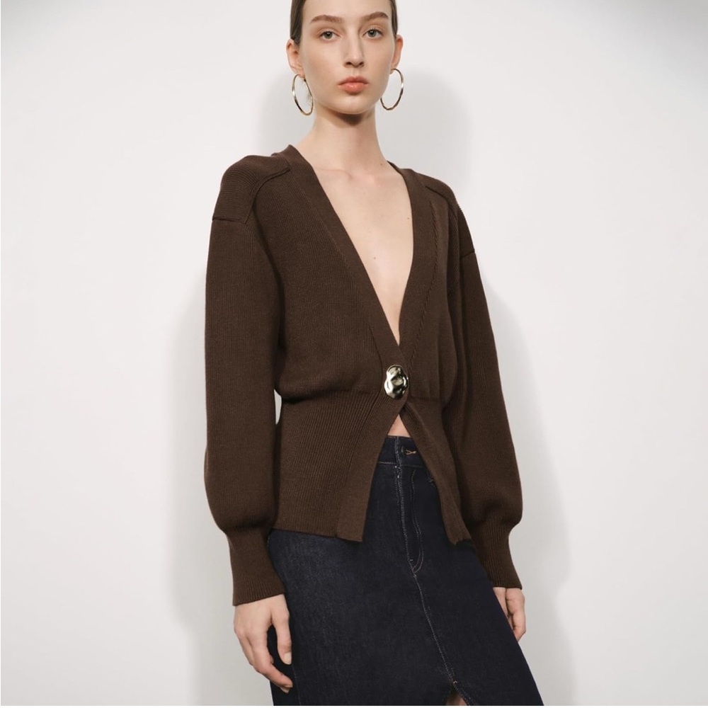 NWOT Brown V-Neck Sweater with Gold Button - Picture 3 of 9